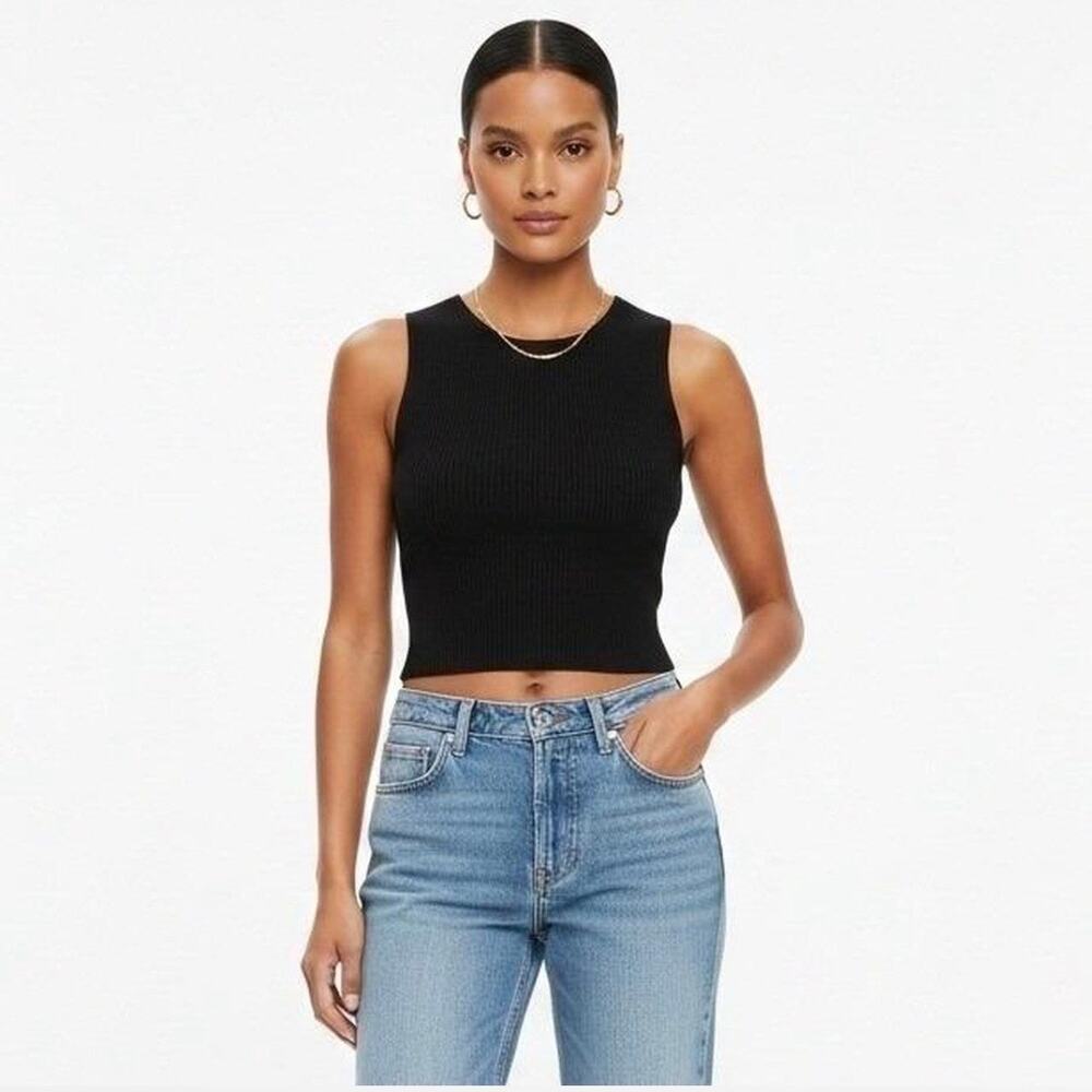 House of Harlow 1960 Womens Ribbed Knit Sleeveless Crop Top Black Small Festival